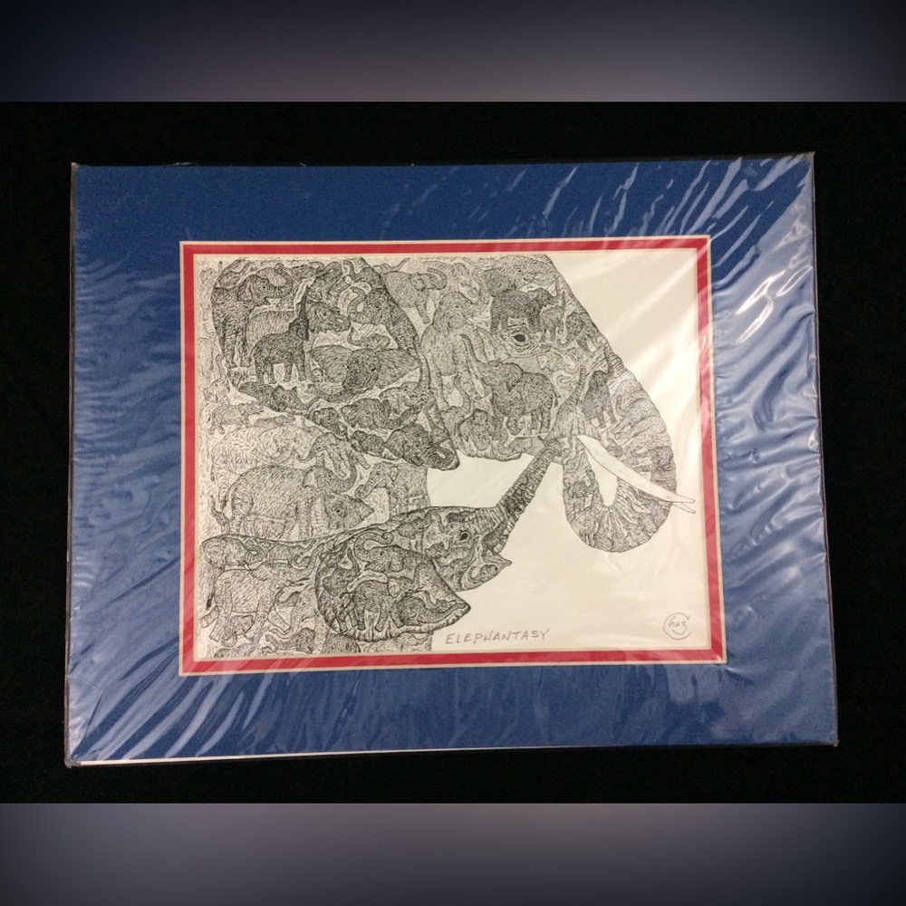 Hidden Image Ink Drawing ELEPHANTASY Signed by Artist Chaz Letzkus Elephants